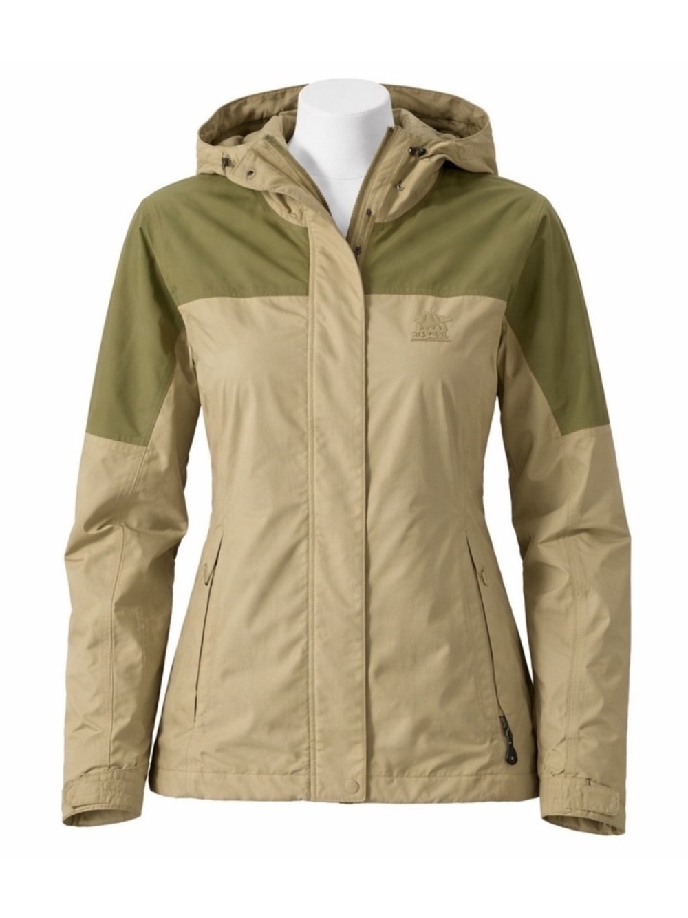 Size S Sorel Women’s Waterproof Breathable Hooded Rain Jacket Beige Olive